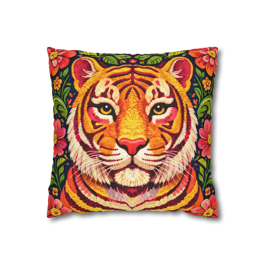 Embroidered Tiger Portrait Pillow Cover – Folk Orange Red Portrait