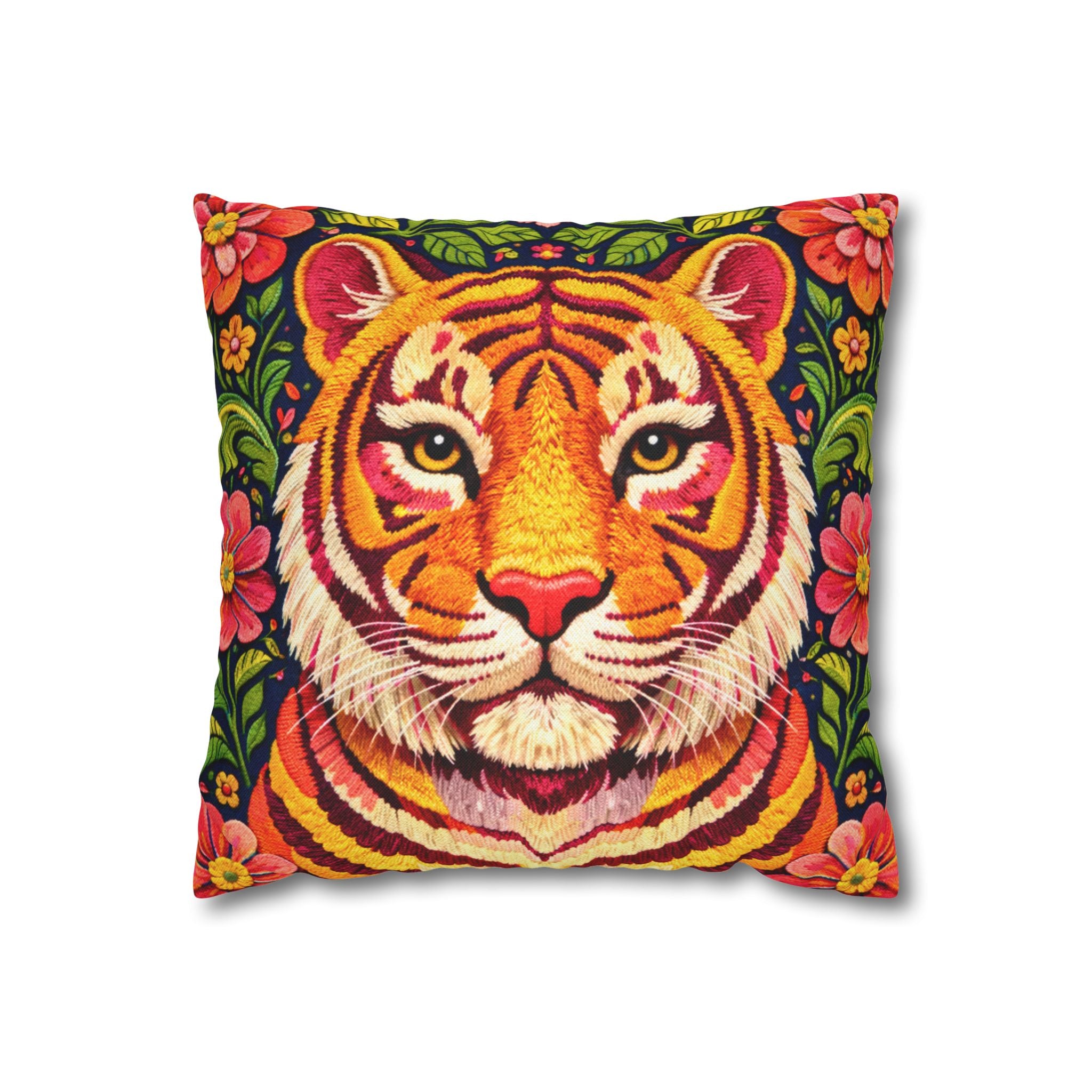 Embroidered Tiger Portrait Pillow Cover – Folk Orange Red Portrait