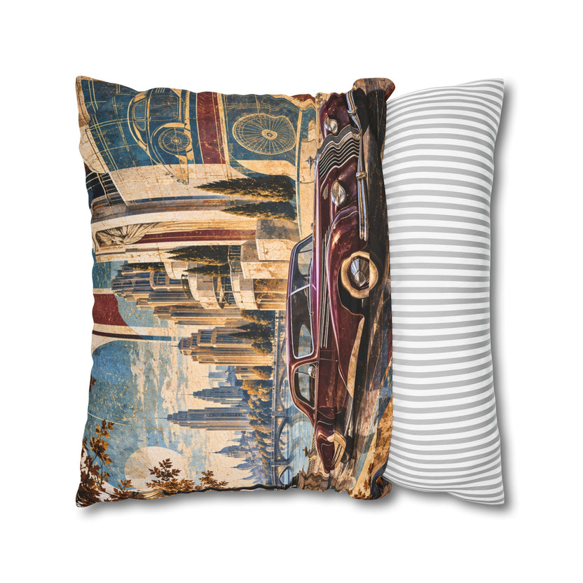 Classic Car Pillow Cover | Waterfront Cityscape | Art Deco Decor