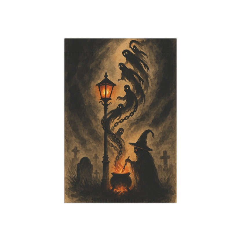 Halloween Garden Flag Witch Cauldron Ghosts Haunted Lamp Graveyard Decor Spooky Outdoor Banner Witchy Fall Yard Sign