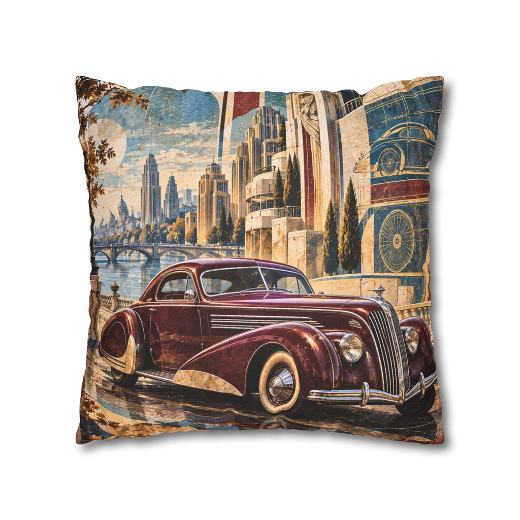 Classic Car Pillow Cover | Waterfront Cityscape | Art Deco Decor