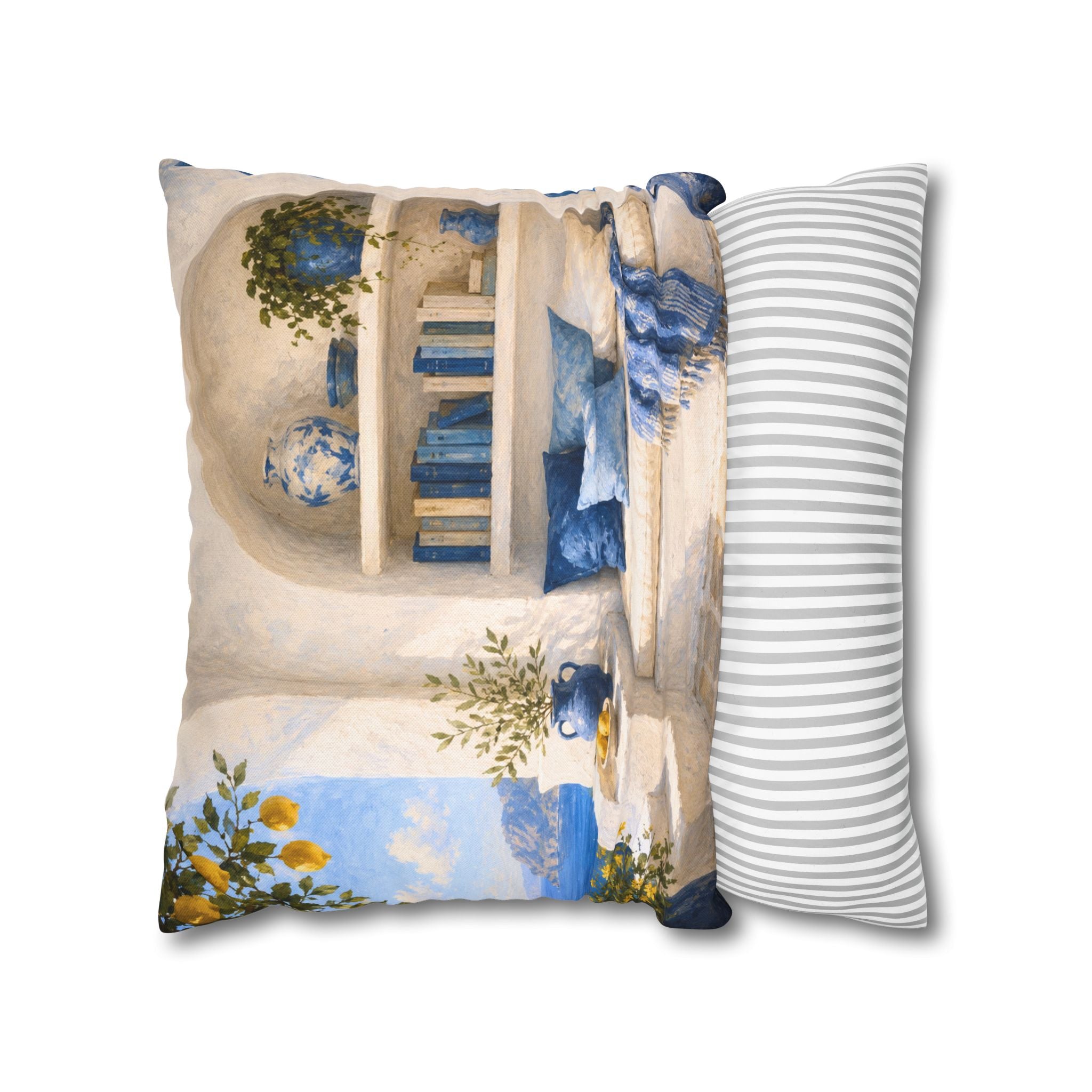 Mediterranean Reading Nook Pillow Cover | Greek Island Art | Cozy Sea View Decor