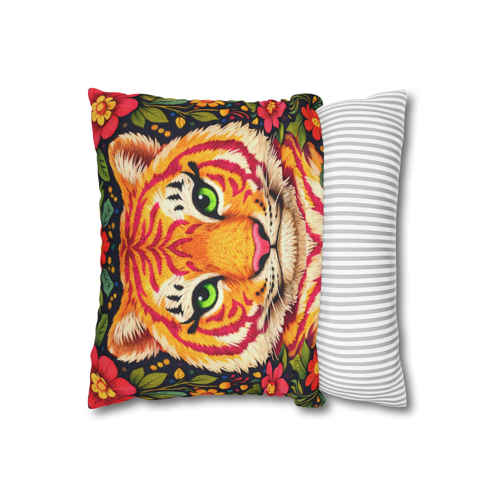 Folk Art Tiger Pillow Cover – Layered Color Artwork