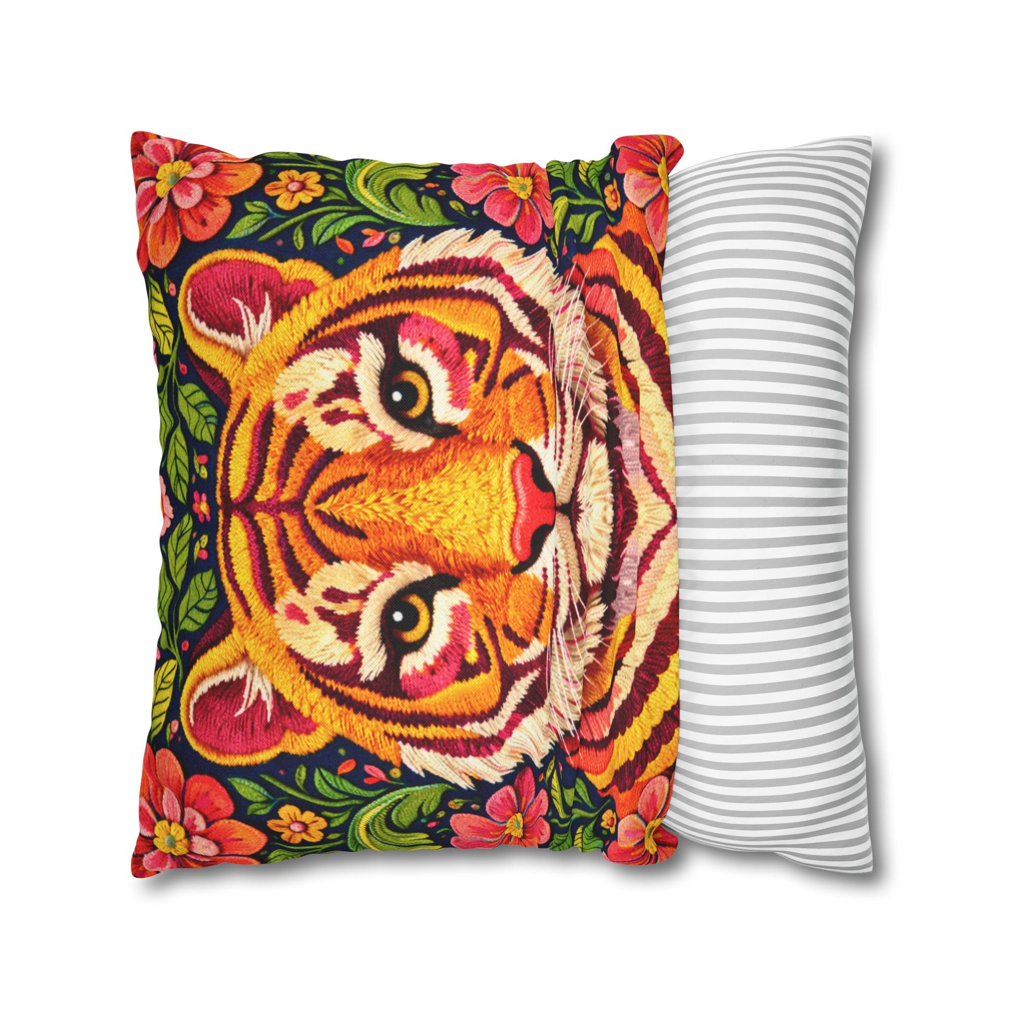 Embroidered Tiger Portrait Pillow Cover – Folk Orange Red Portrait