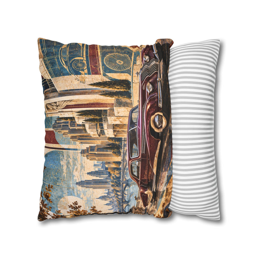 Classic Car Pillow Cover | Waterfront Cityscape | Art Deco Decor