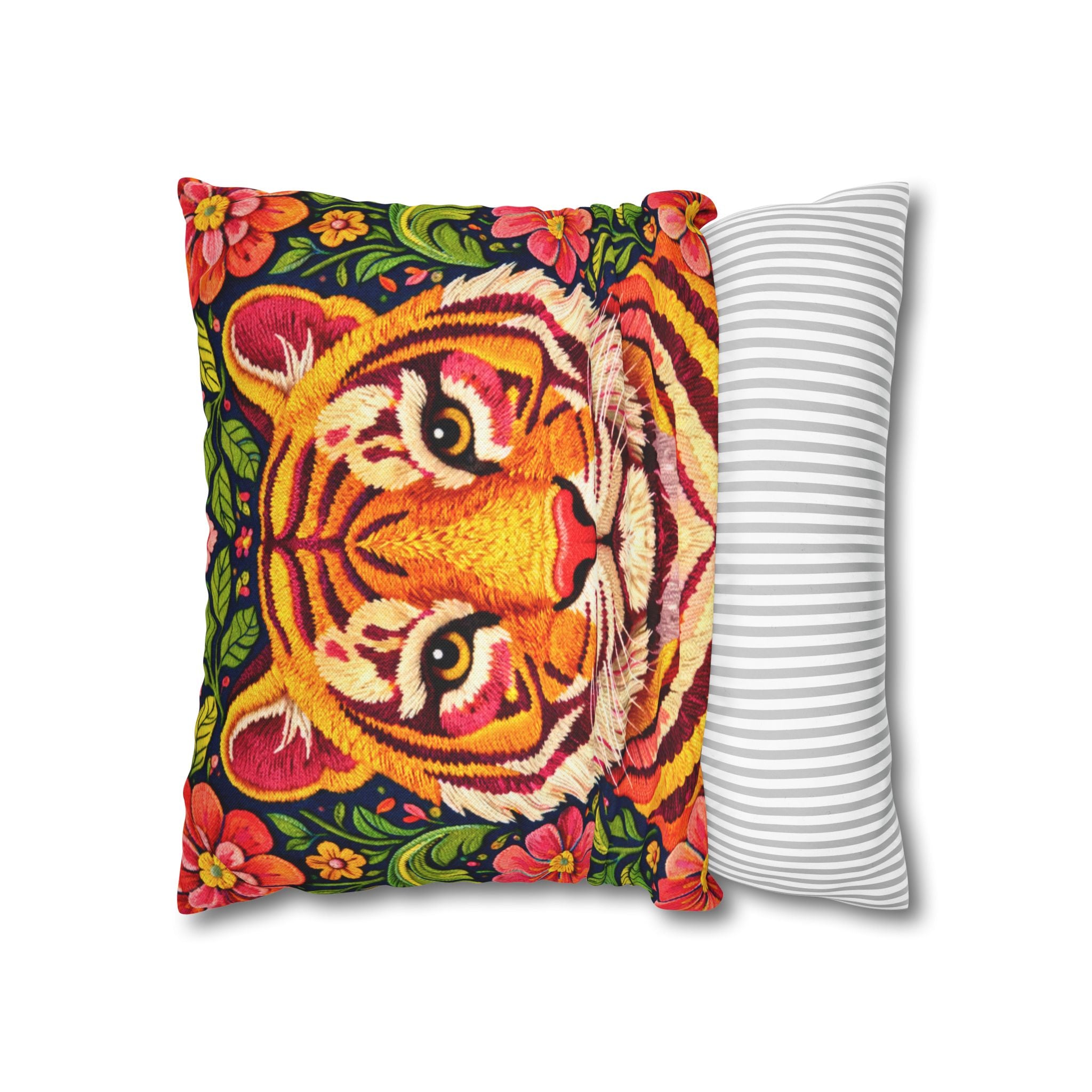 Embroidered Tiger Portrait Pillow Cover – Folk Orange Red Portrait