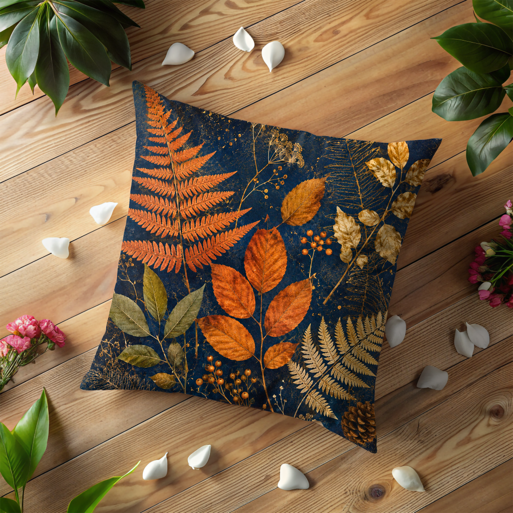 Autumn Fern Pillow Cover | Navy Gold Botanical Leaf Art | Fall Decor — pillow cover mockup 2