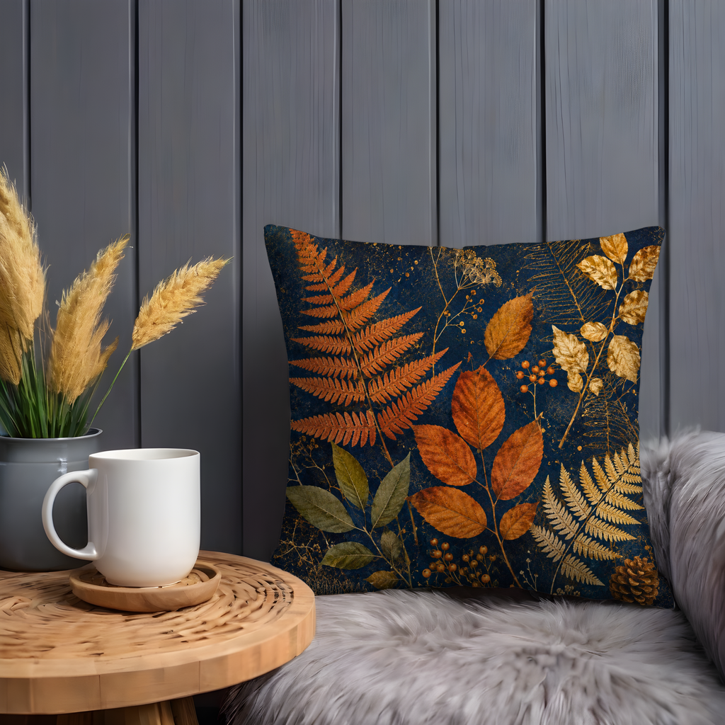 Autumn Fern Pillow Cover | Navy Gold Botanical Leaf Art | Fall Decor — pillow cover mockup 4