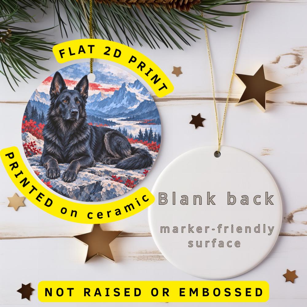 Black German Shepherd Ceramic Ornament, Mountain Lake and Rocky Ledge