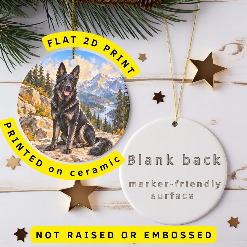 German Shepherd Ceramic Ornament, Mountain Valley and Pine Trees