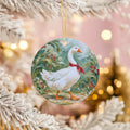 White Goose Ceramic Ornament, Red Ribbon Bow and Red Berry Sprigs
