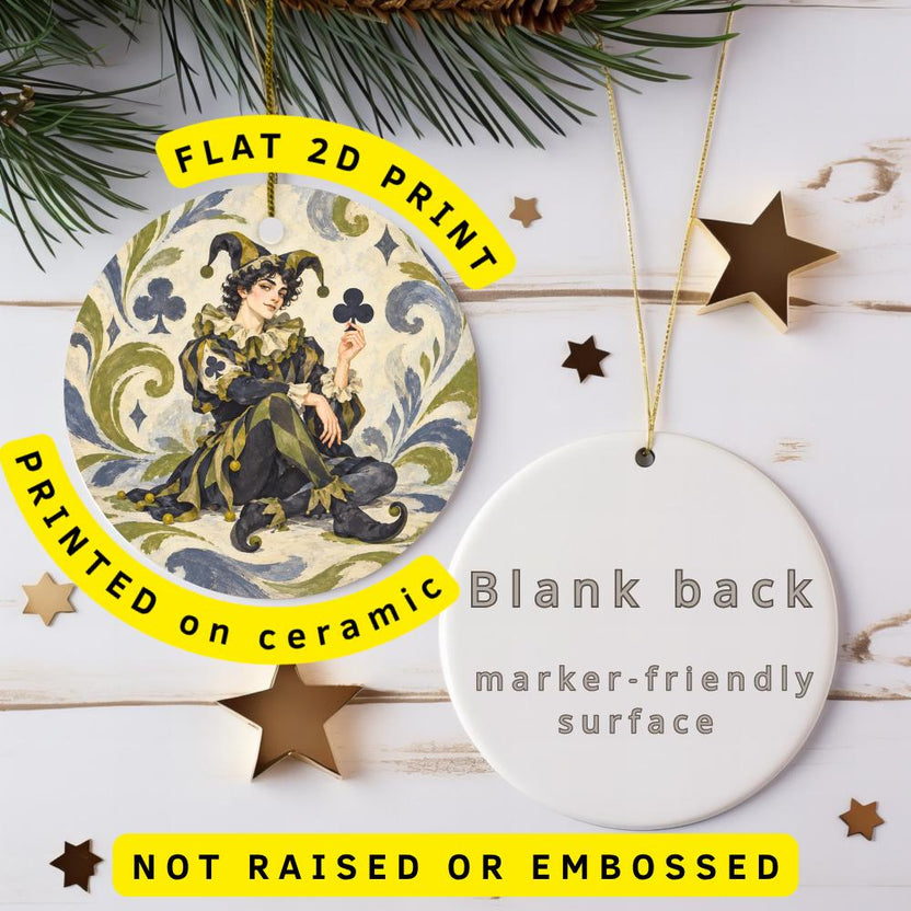 Harlequin Jester Ceramic Ornament, Club Playing Card and Swirling Scrolls