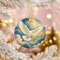 White Dove Ceramic Ornament, Olive Branch and Swirling Gold Clouds