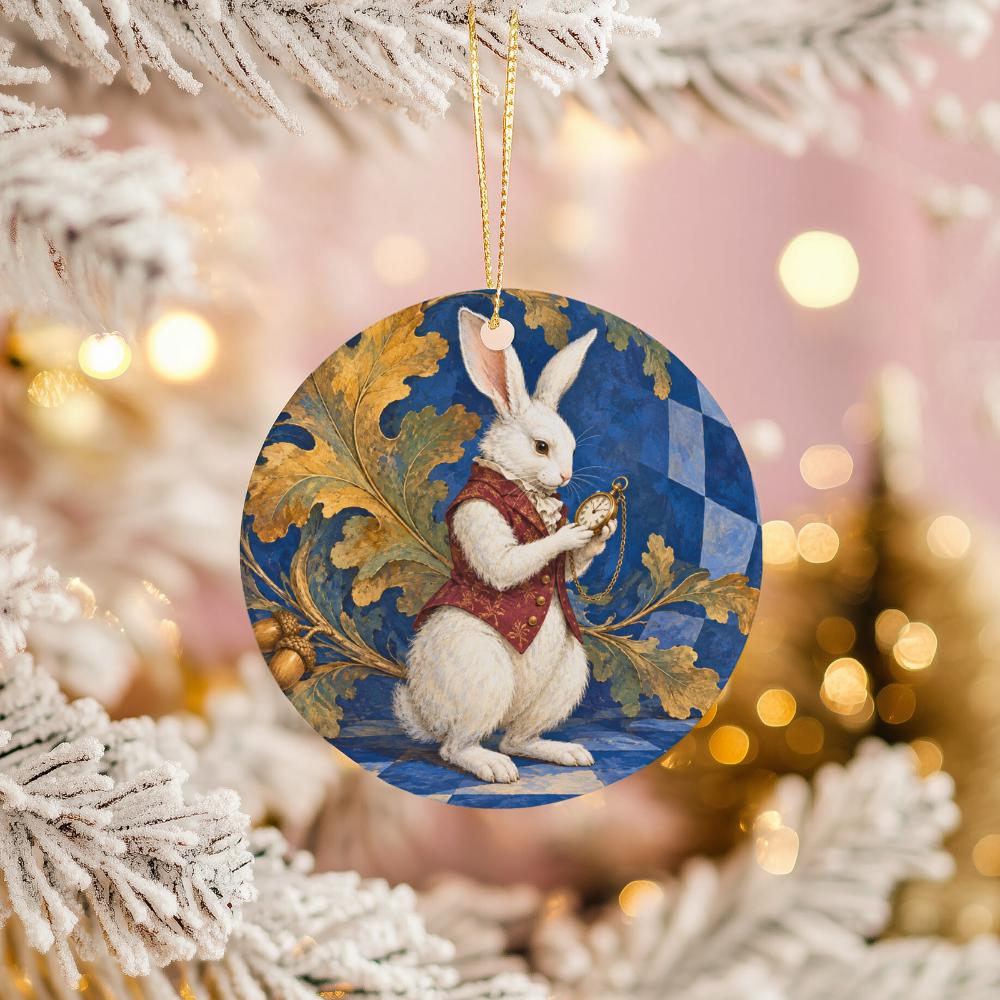 White Rabbit Ceramic Ornament, Pocket Watch and Golden Oak Leaves
