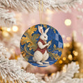White Rabbit Ceramic Ornament, Pocket Watch and Golden Oak Leaves