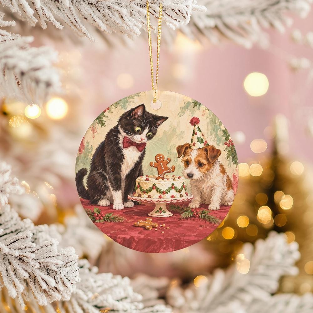 Tuxedo Cat Ceramic Christmas Ornament, Terrier Puppy and Christmas Cake