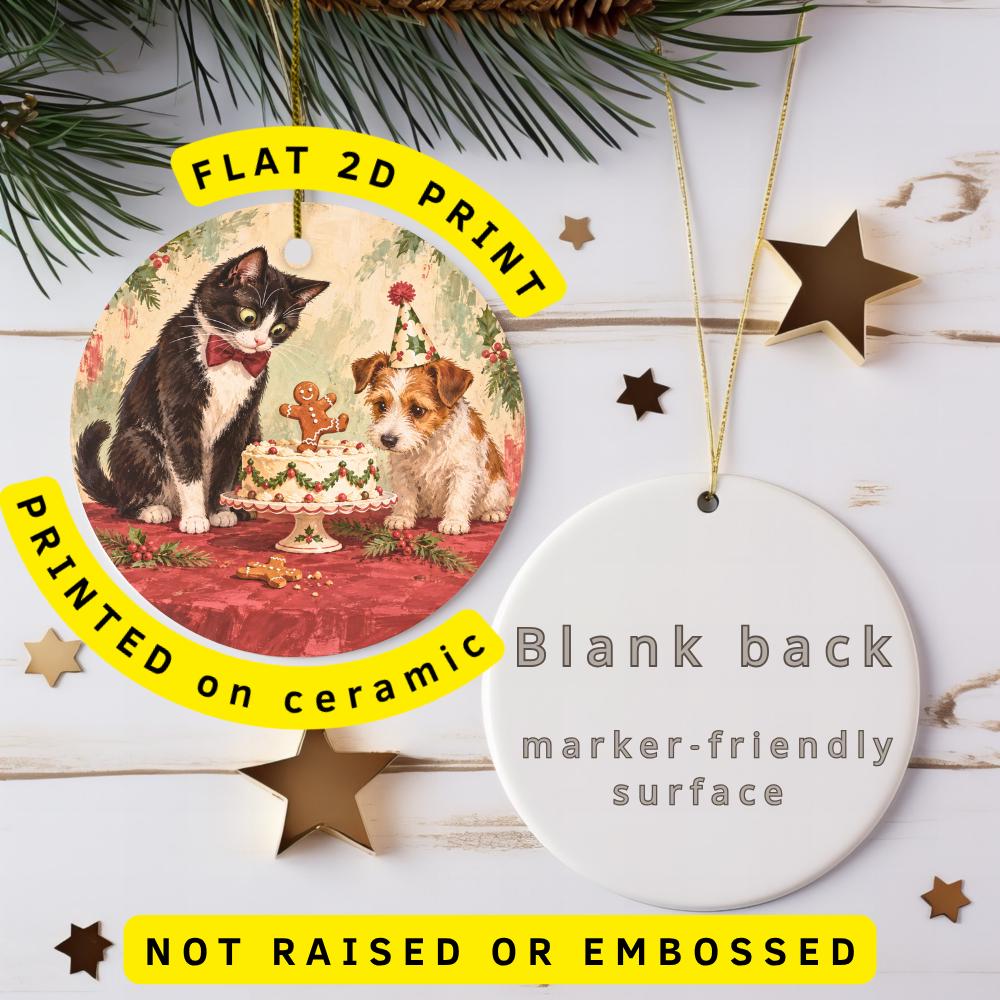 Tuxedo Cat Ceramic Christmas Ornament, Terrier Puppy and Christmas Cake