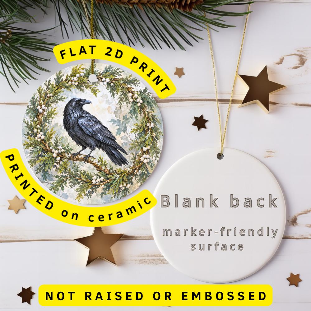 Black Raven Ceramic Christmas Ornament, Evergreen Wreath and White Berries