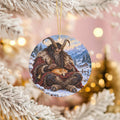 Krampus Ceramic Christmas Ornament, Sleeping Orange Cat and Snowy Forest