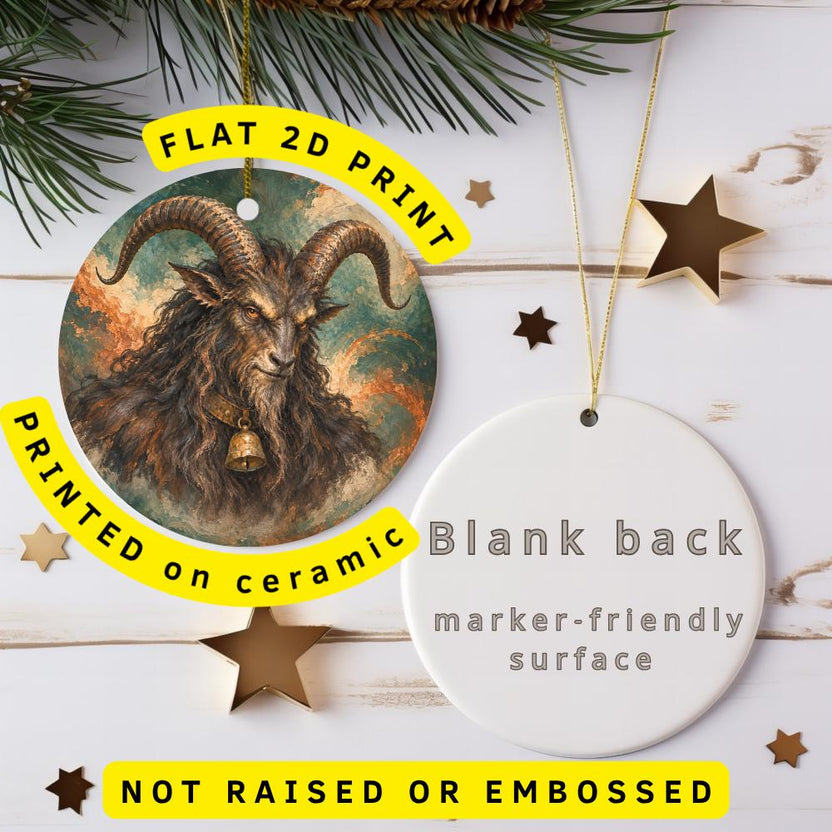 Krampus Ceramic Ornament, Curved Horns and Brass Bell