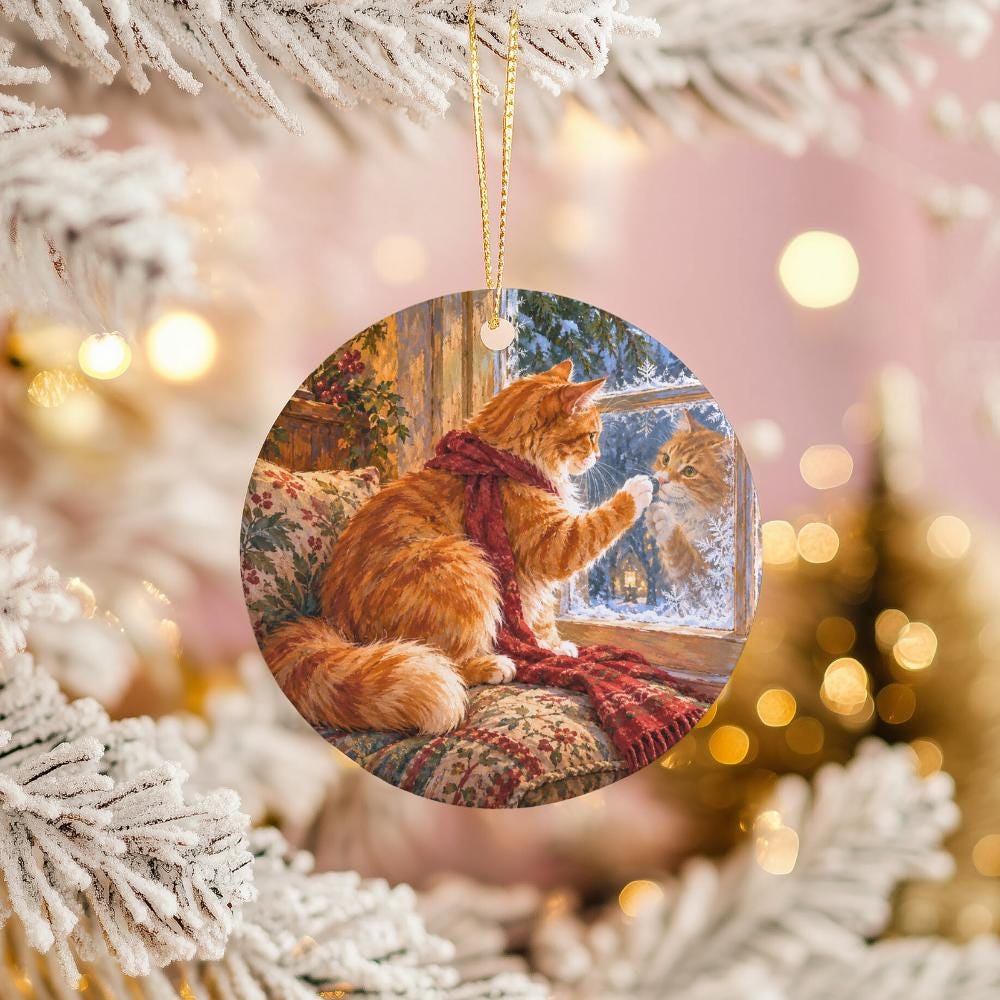 Orange Cat Ceramic Christmas Ornament, Red Scarf and Frosted Window