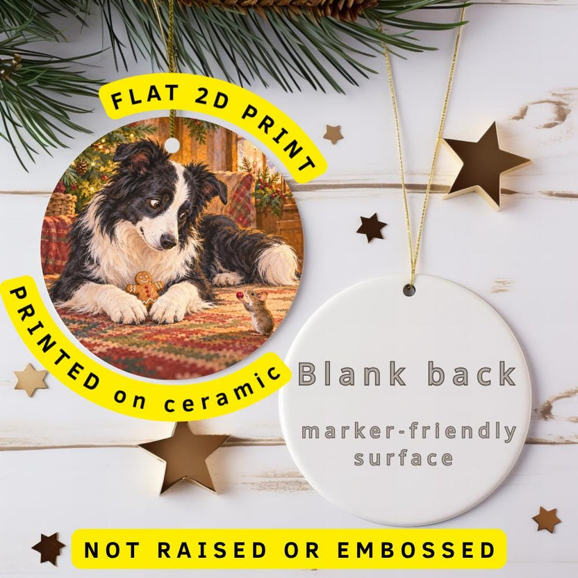 Border Collie Ceramic Christmas Ornament, Gingerbread Cookie and Tiny Mouse