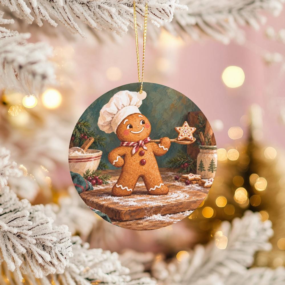 Gingerbread Man Ceramic Christmas Ornament, Chef Hat and Star Cookie