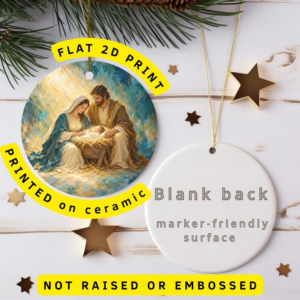 Nativity Ceramic Christmas Ornament, Mary, Joseph and Baby Jesus in Manger