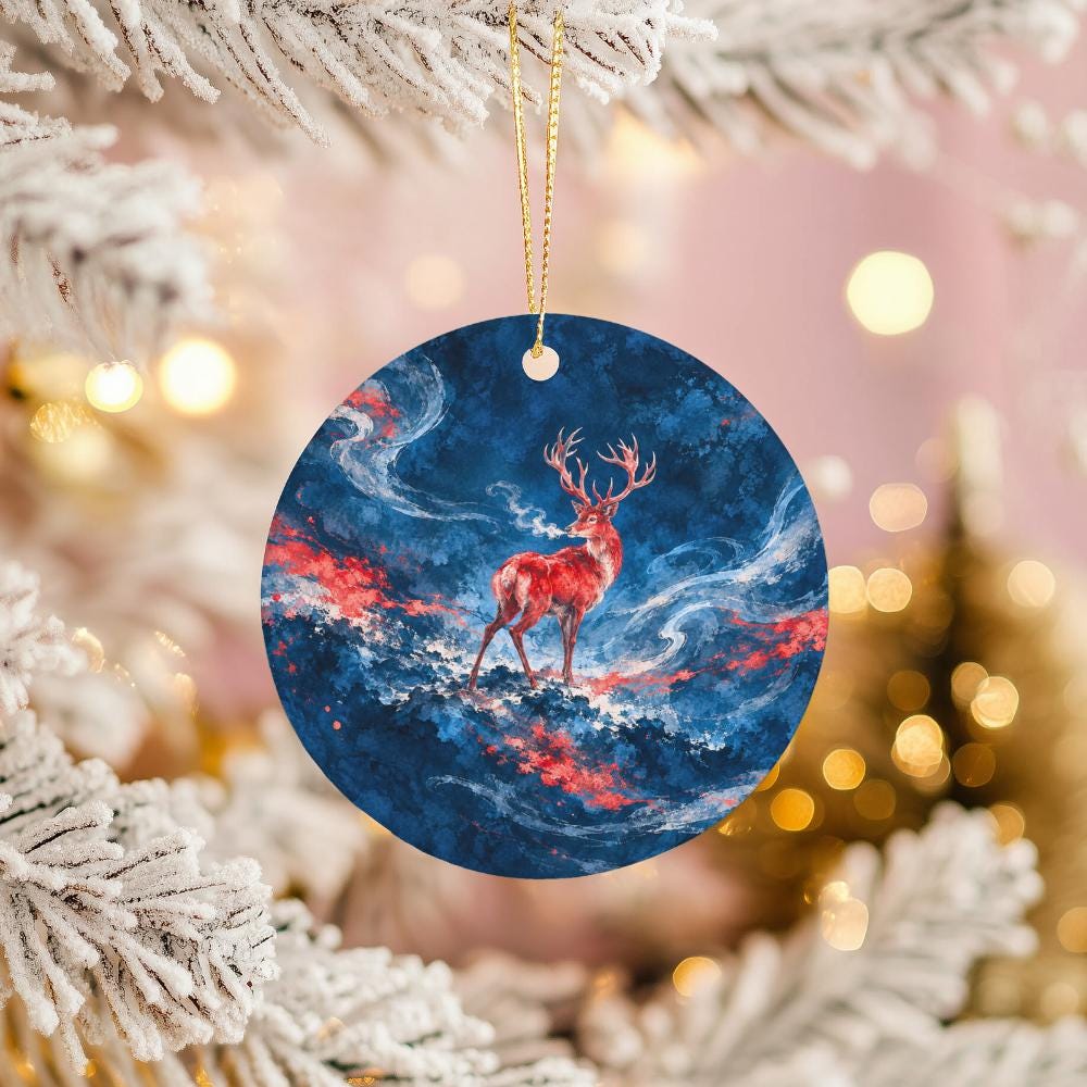 Red Stag Ceramic Ornament, Swirling Navy Waves and White Mist
