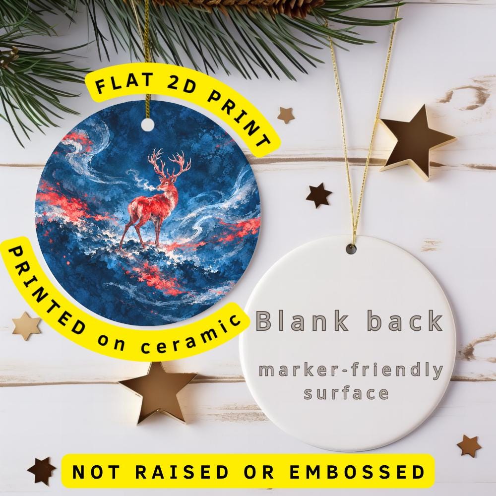 Red Stag Ceramic Ornament, Swirling Navy Waves and White Mist