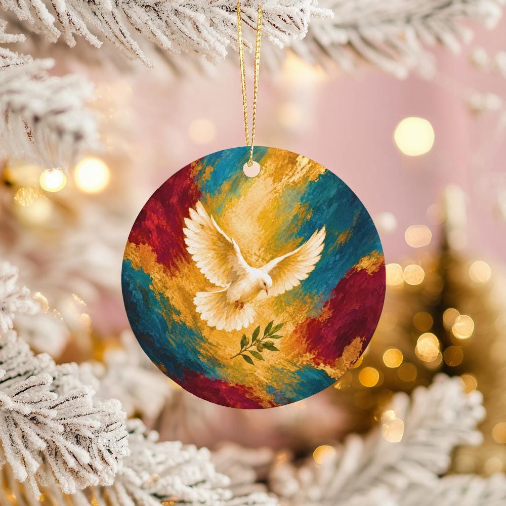 White Dove Ceramic Ornament, Olive Sprig and Crimson Teal Brushstrokes