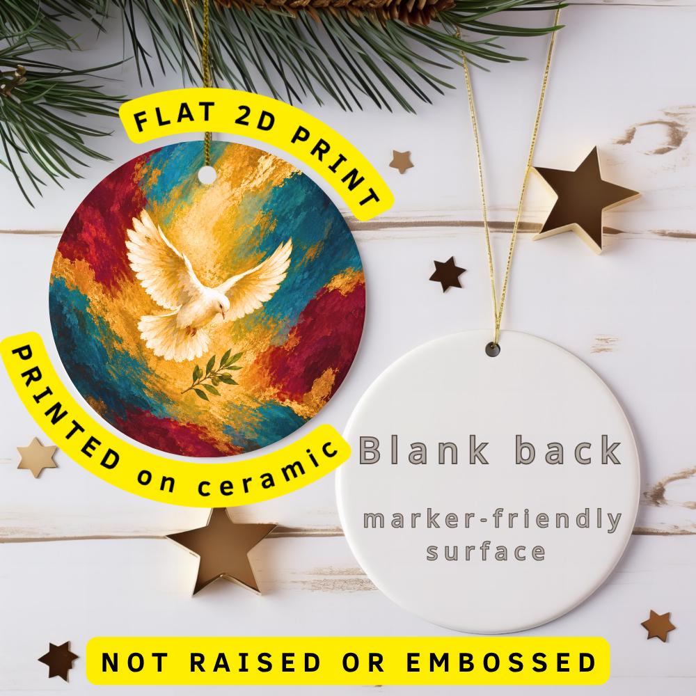 White Dove Ceramic Ornament, Olive Sprig and Crimson Teal Brushstrokes