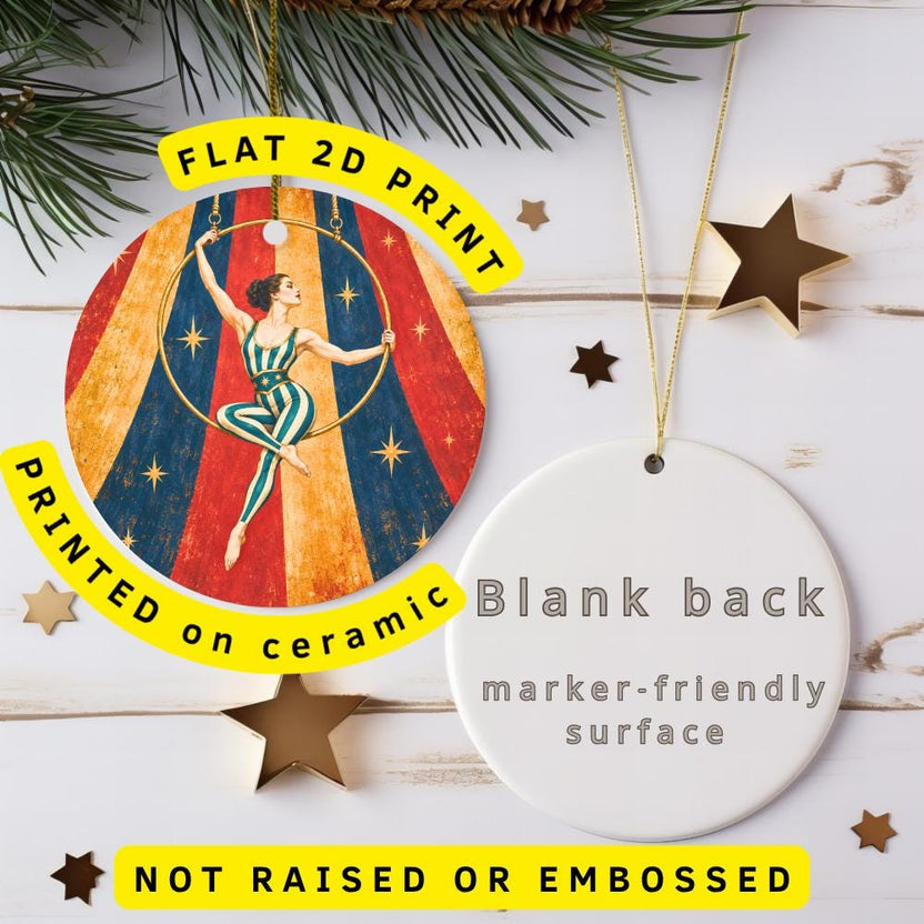 Circus Aerialist Ceramic Ornament, Golden Hoop and Striped Circus Tent