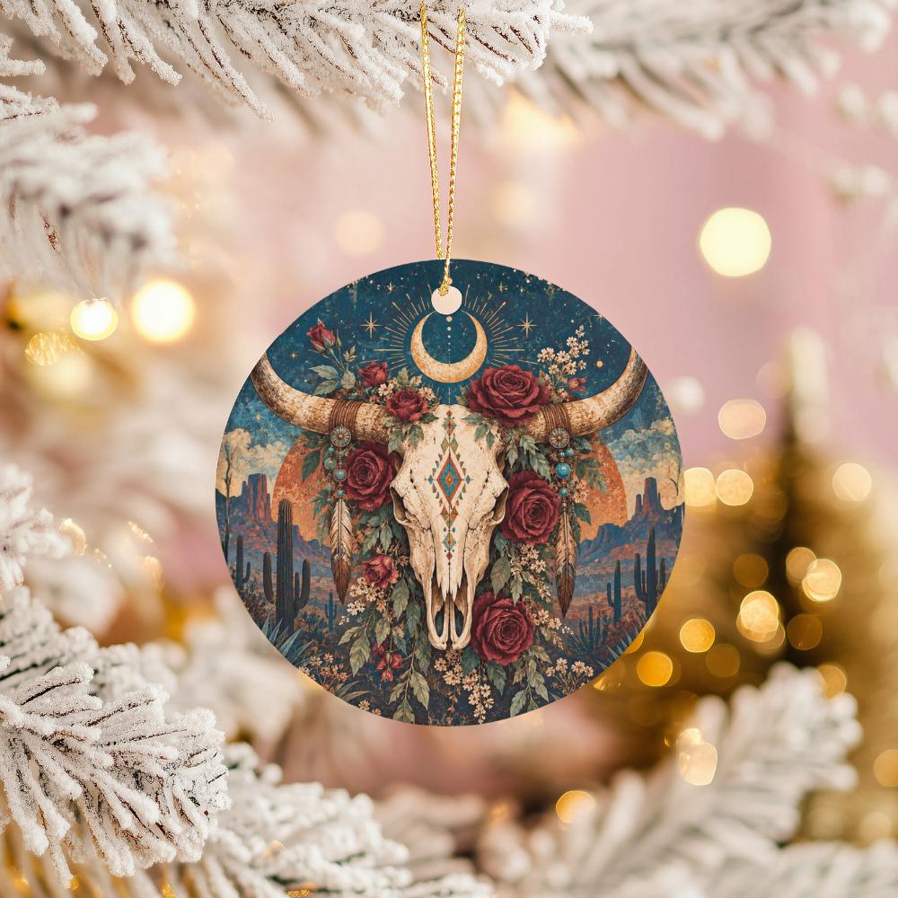 Boho Bull Skull Ceramic Ornament, Red Roses and Crescent Moon