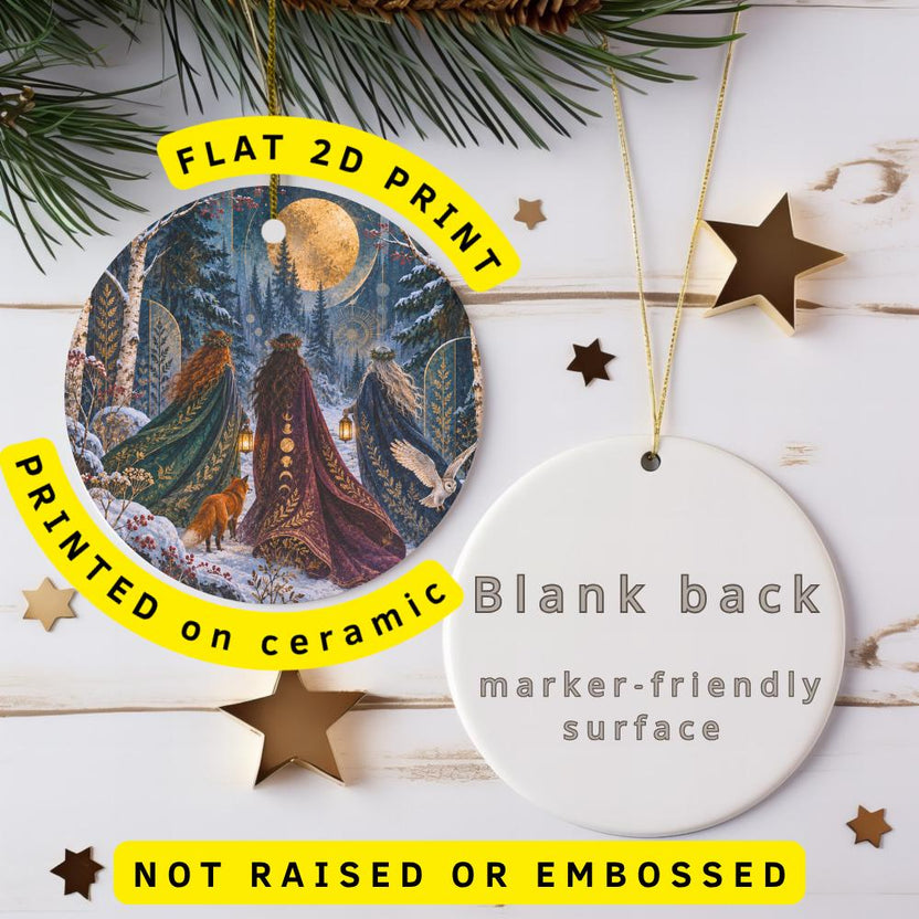 Cloaked Women Ceramic Ornament, Snowy Birch Forest and Full Moon