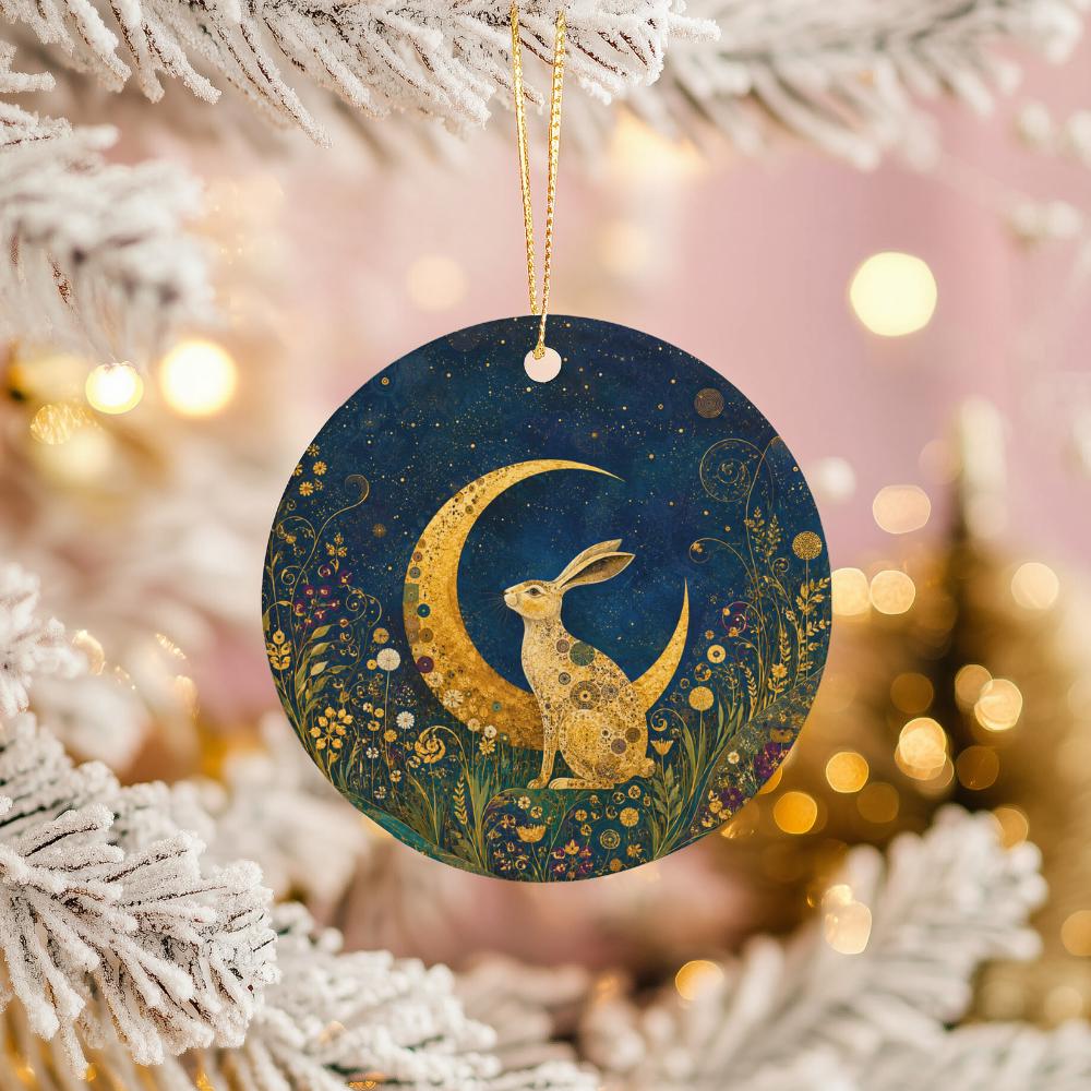 Golden Hare Ceramic Ornament, Crescent Moon and Wildflowers