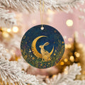Golden Hare Ceramic Ornament, Crescent Moon and Wildflowers