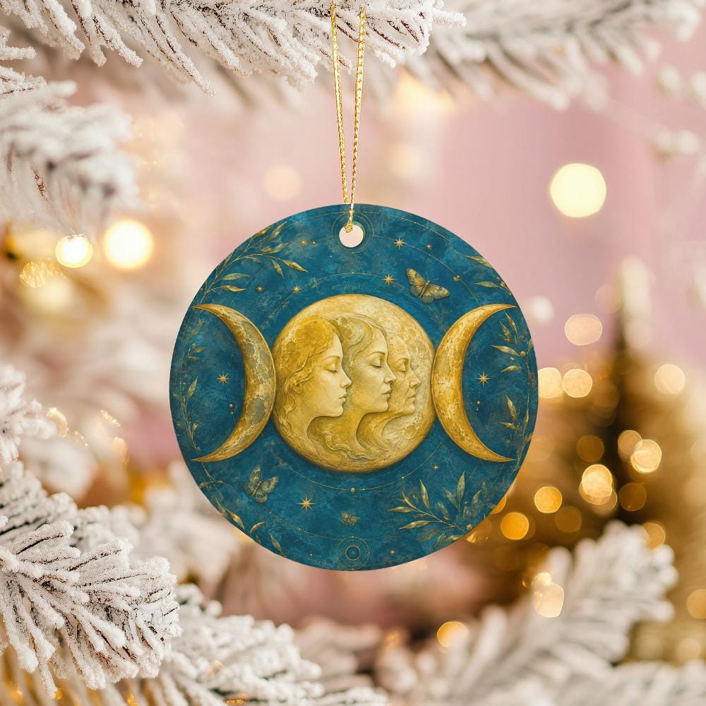 Triple Moon Goddess Ceramic Ornament, Three Faces and Gold Crescents