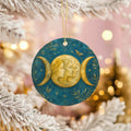 Triple Moon Goddess Ceramic Ornament, Three Faces and Gold Crescents