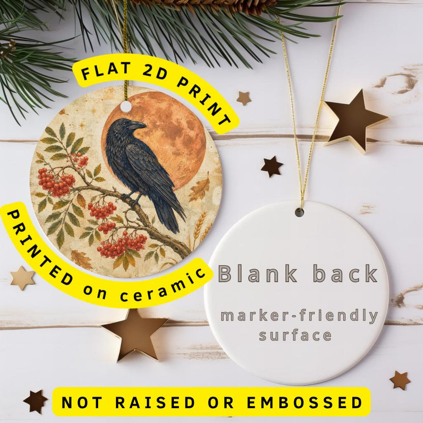 Black Raven Ceramic Ornament, Rowan Berries and Harvest Moon