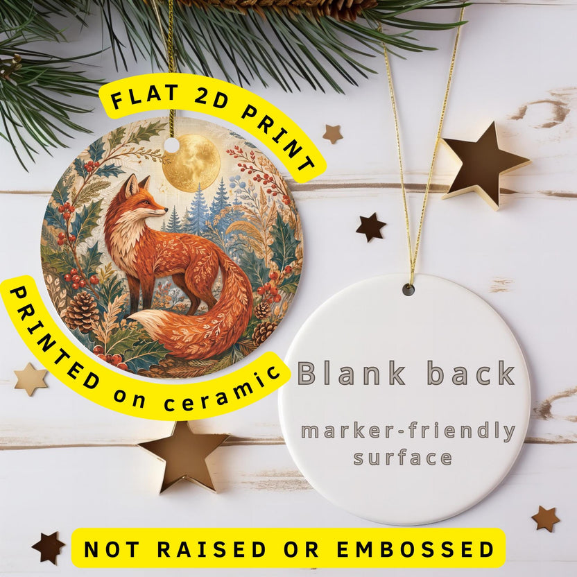 Red Fox Ceramic Christmas Ornament, Golden Moon and Pinecones