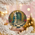 White Rabbit Ceramic Ornament, Teal Coat and Red Roses