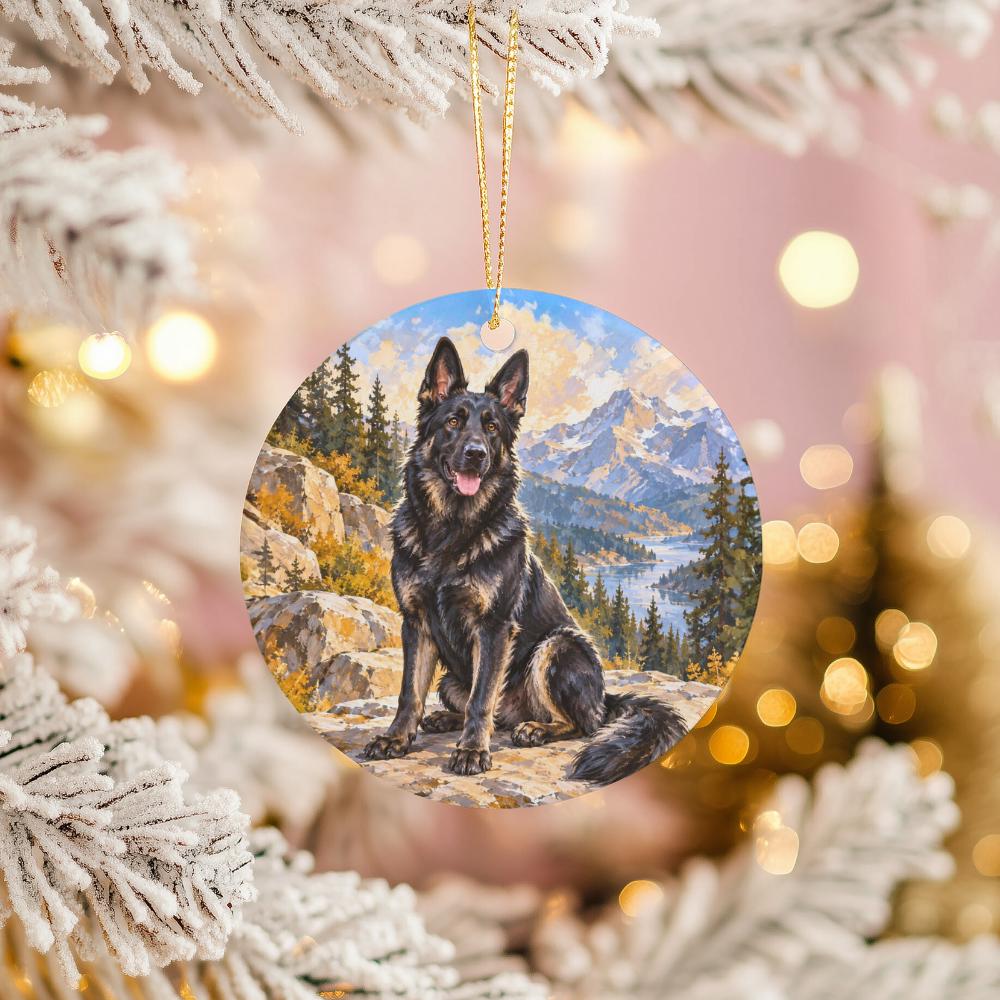 German Shepherd Ceramic Ornament, Mountain Valley and Pine Trees