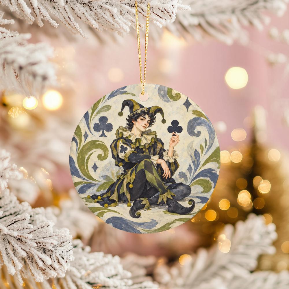 Harlequin Jester Ceramic Ornament, Club Playing Card and Swirling Scrolls