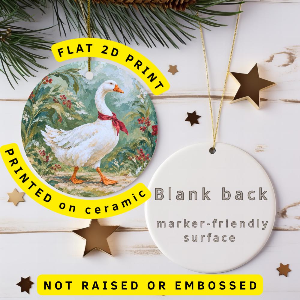 White Goose Ceramic Ornament, Red Ribbon Bow and Red Berry Sprigs