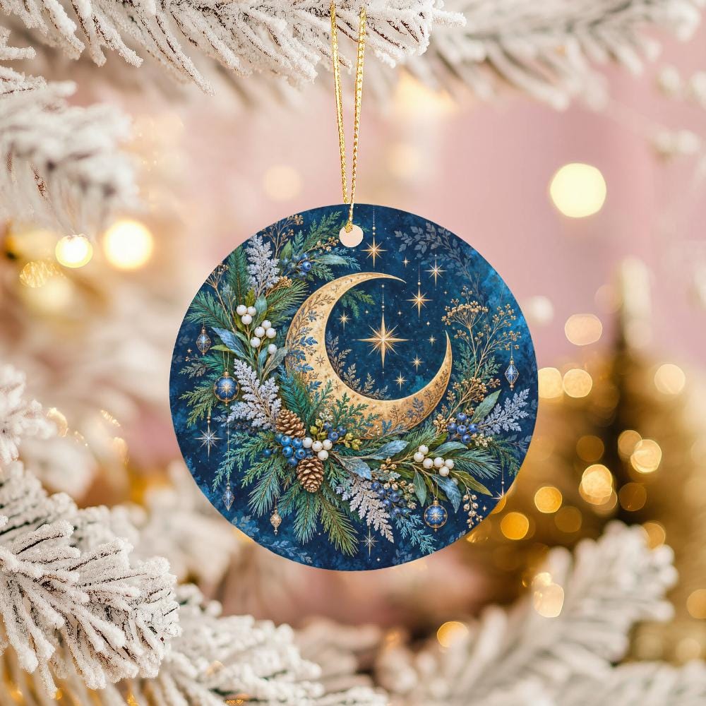 Crescent Moon Ceramic Ornament, Gold Stars, Evergreen Boughs and Pinecones