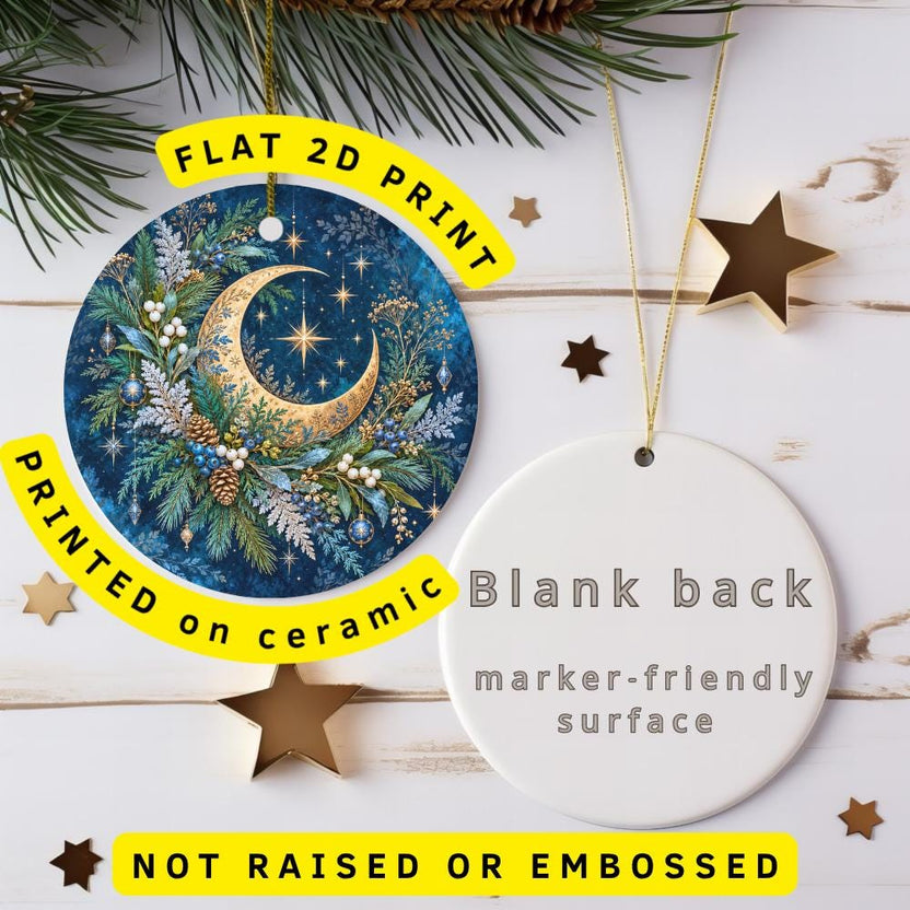 Crescent Moon Ceramic Ornament, Gold Stars, Evergreen Boughs and Pinecones