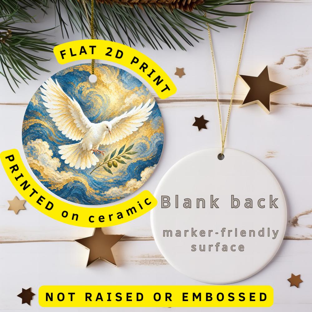 White Dove Ceramic Ornament, Olive Branch and Swirling Gold Clouds