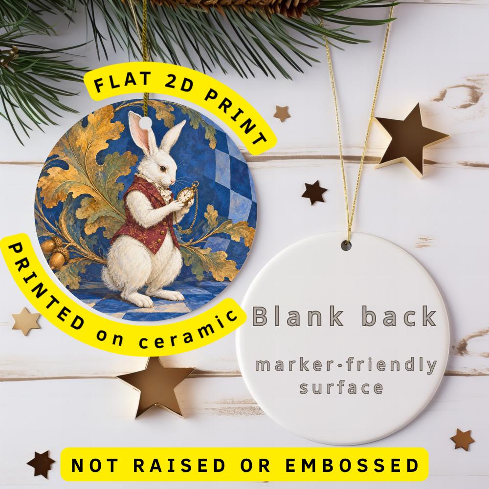 White Rabbit Ceramic Ornament, Pocket Watch and Golden Oak Leaves