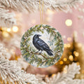 Black Raven Ceramic Christmas Ornament, Evergreen Wreath and White Berries